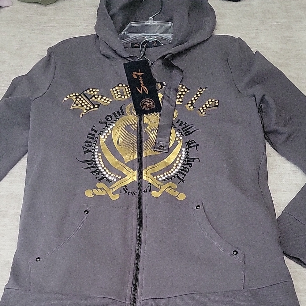 Seven7 Charcoal Hoodie Set with Gold Detailing